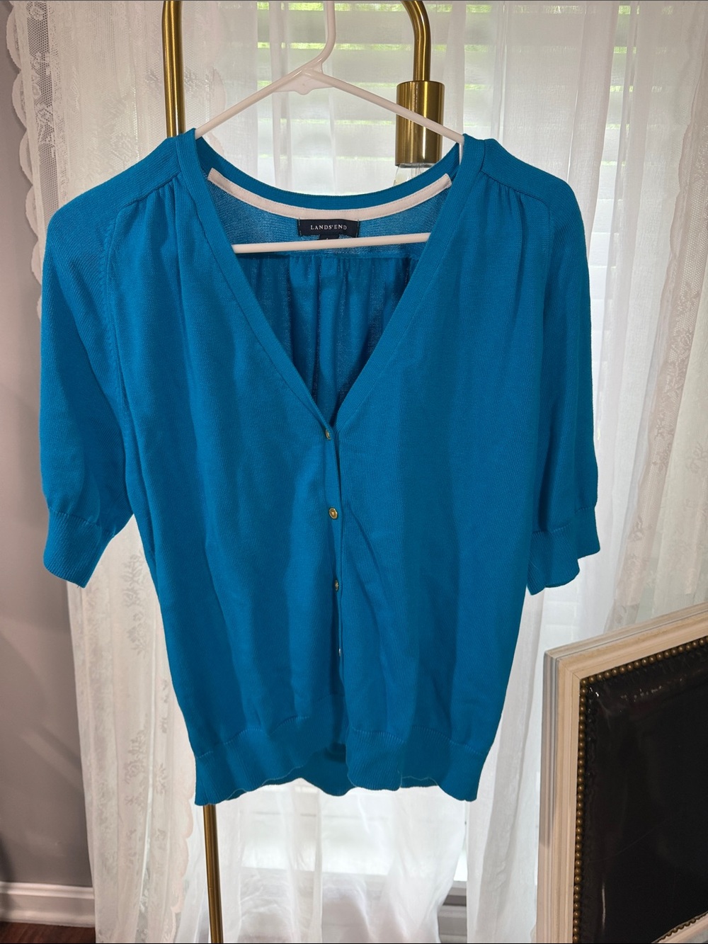 Lands' End Women's Teal Button-Front V-Neck Short Sleeve Top